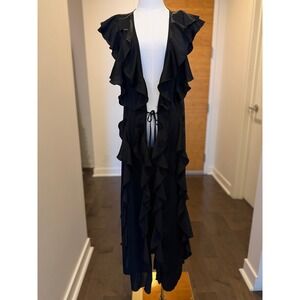 VICTORIAS SECRET Black Ruffle Long Duster Silky Maxi Dressing Gown with Ruffles